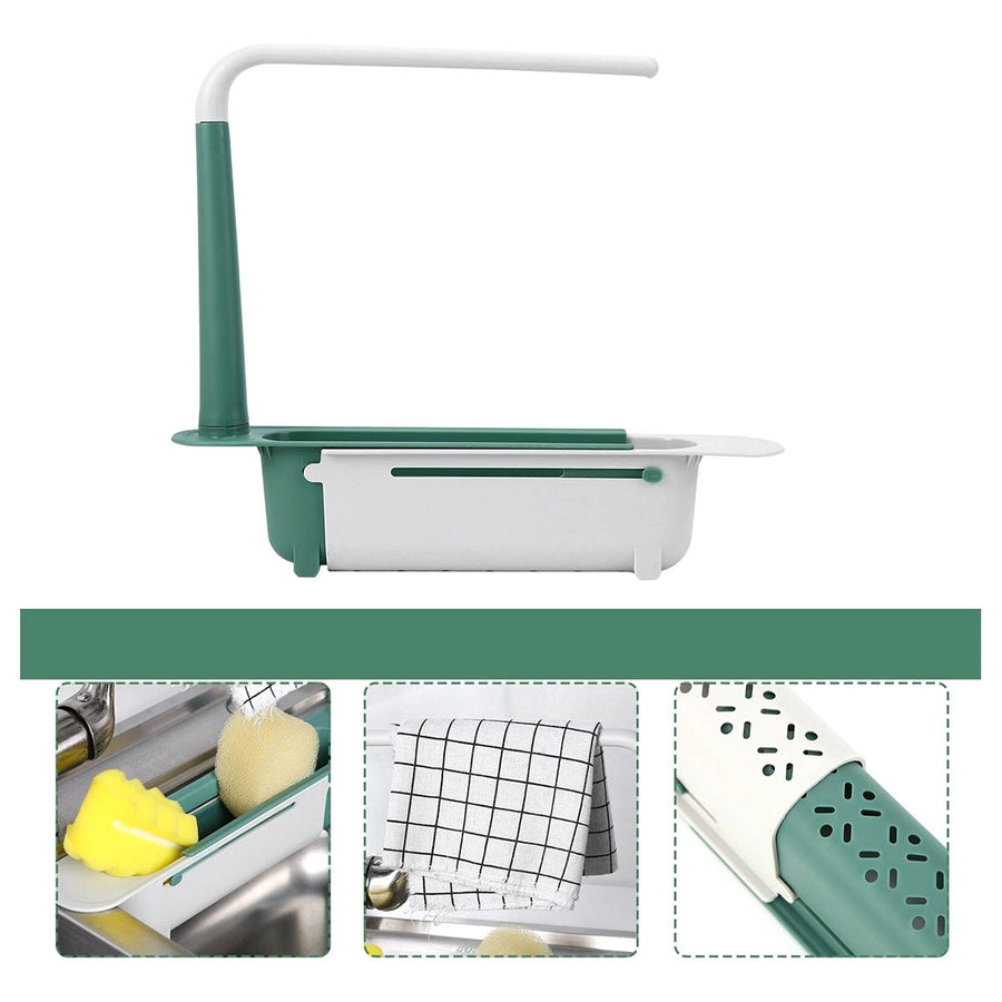 Ariko Gootsteen Organizer - Groen/Wit - Aanrecht Gootsteen bakje - Vaatdoekhouder - Spons Opbergrek - Verstelbaar