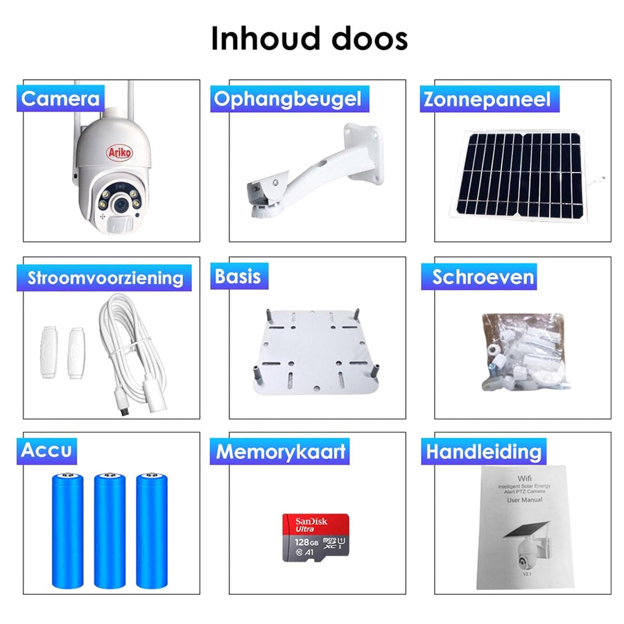 Ariko Beweegbare PTZ Camera 2mp met Zonnepaneel en Wifi - met Audio - Persoon volger - Nederlandse handleiding en ondersteuning