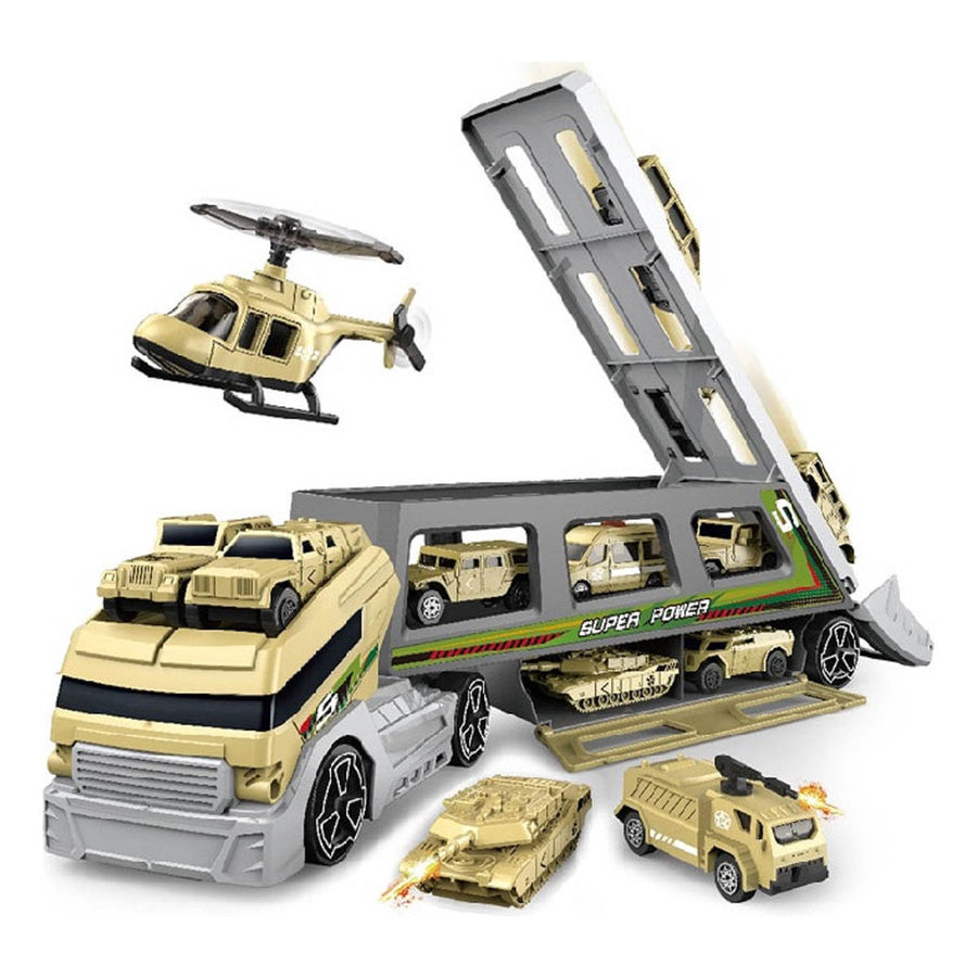 Ariko Militaire Auto Transport Truck - met 8 voertuigen en helikopters - beweegbare delen - opbergruimte voor 22 auto's