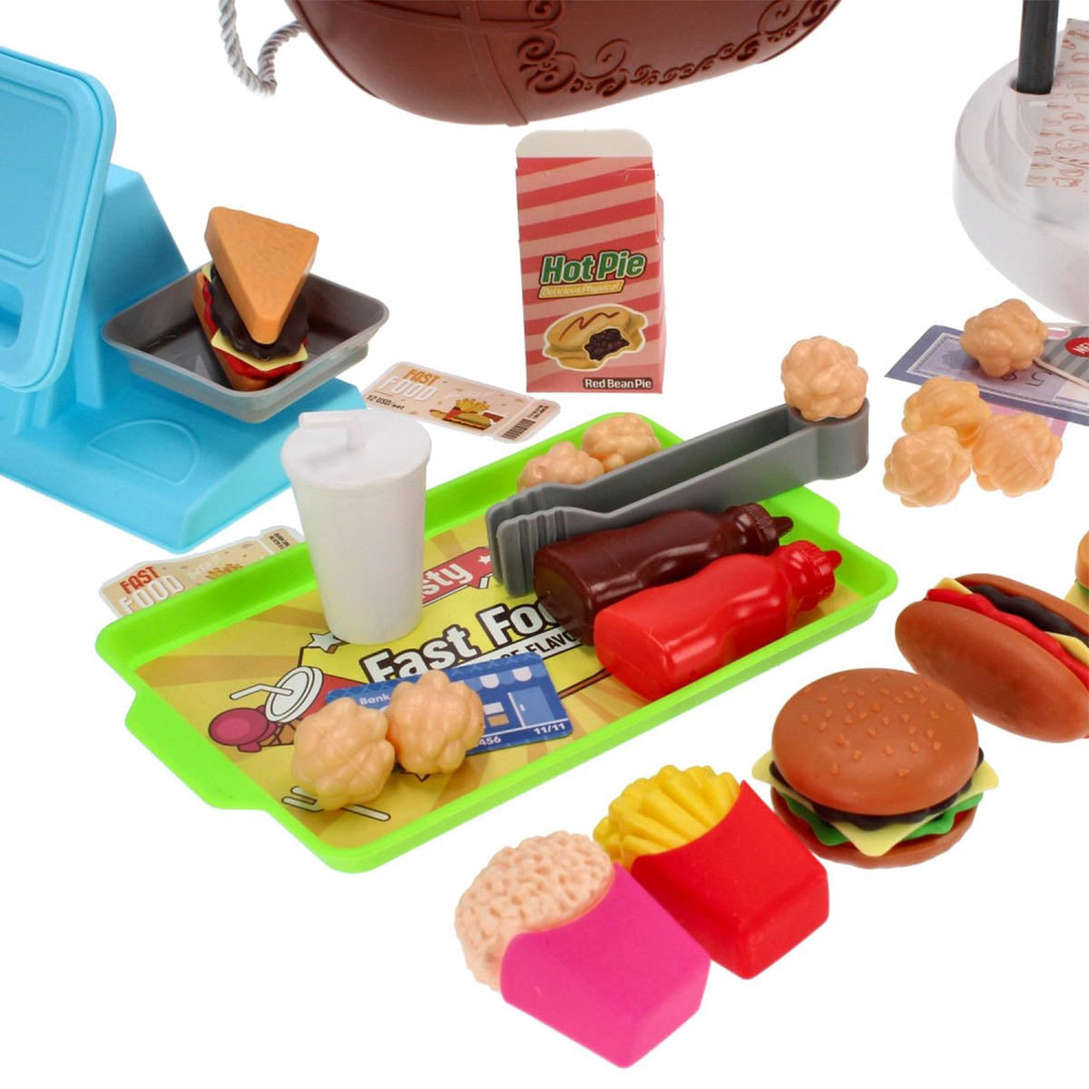 <tc>Ariko</tc>  Toy Suitcase Fast-food shop 58 pieces - hamburgers, popcorn, sauces, tongs and much more - handy take-along suitcase