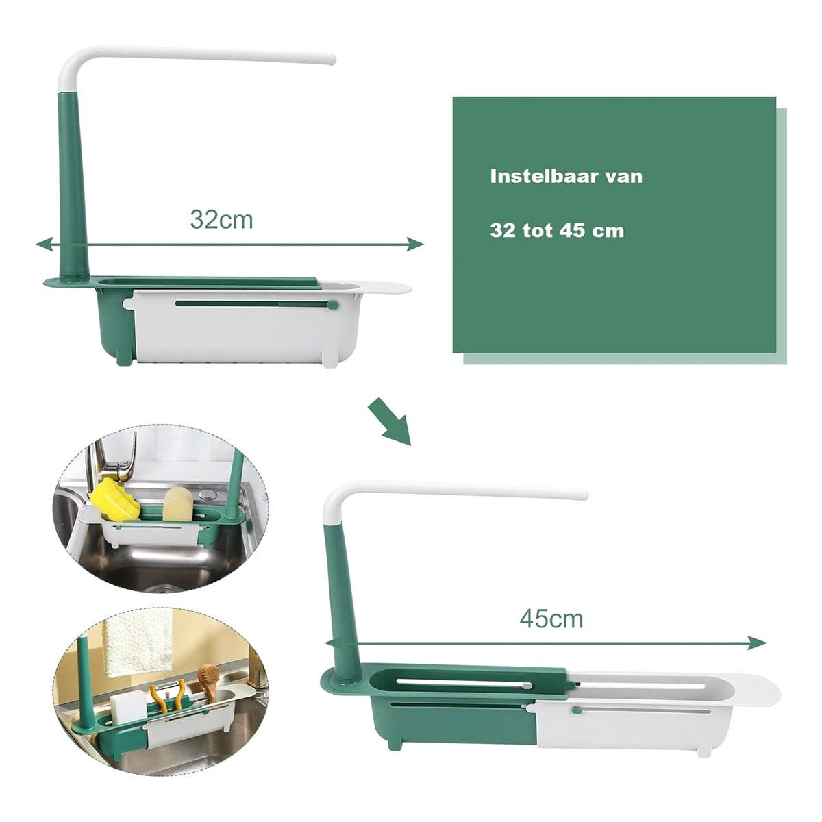<tc>Ariko</tc> Sink Organizer - Countertop Sink Tray - Dishcloth Holder - Sponge Storage Rack - Adjustable - Green/White