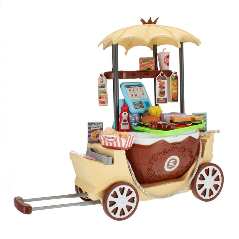 Ariko Speelgoed trolley Fast-food winkel 59 delig - hamburgers, popcorn, sauzen, tang en nog veel meer - handige meeneem koffer met wieltjes