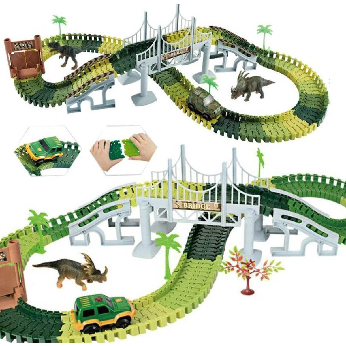 Ariko Circuit automobile avec des dinosaures | jungle de piste de course | avec des dinosaures | piste de dinosaure | piste de course flexible | 6 pistes de course différentes | avec véhicule militaire | y compris les piles