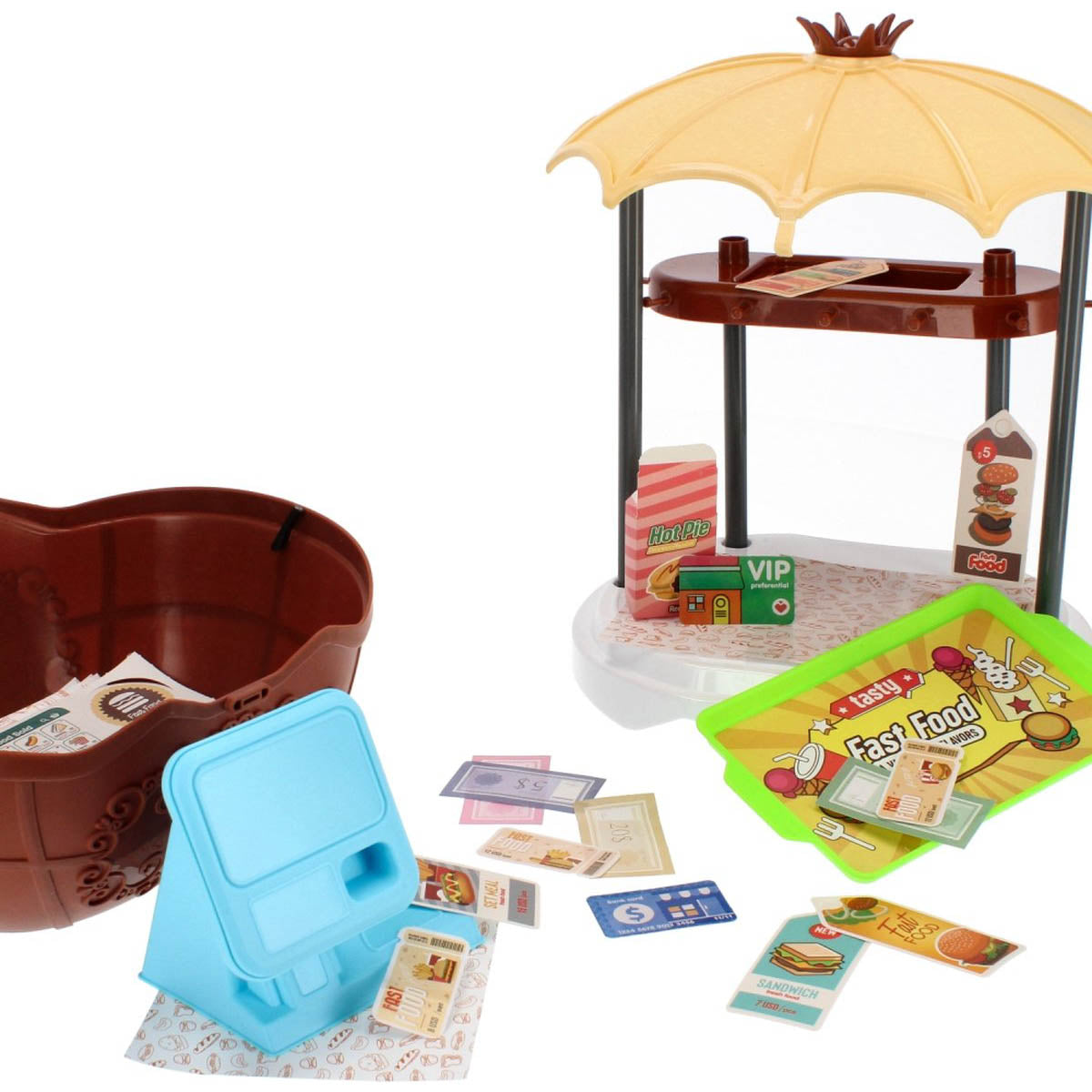 <tc>Ariko</tc>  Toy Suitcase Fast-food shop 58 pieces - hamburgers, popcorn, sauces, tongs and much more - handy take-along suitcase