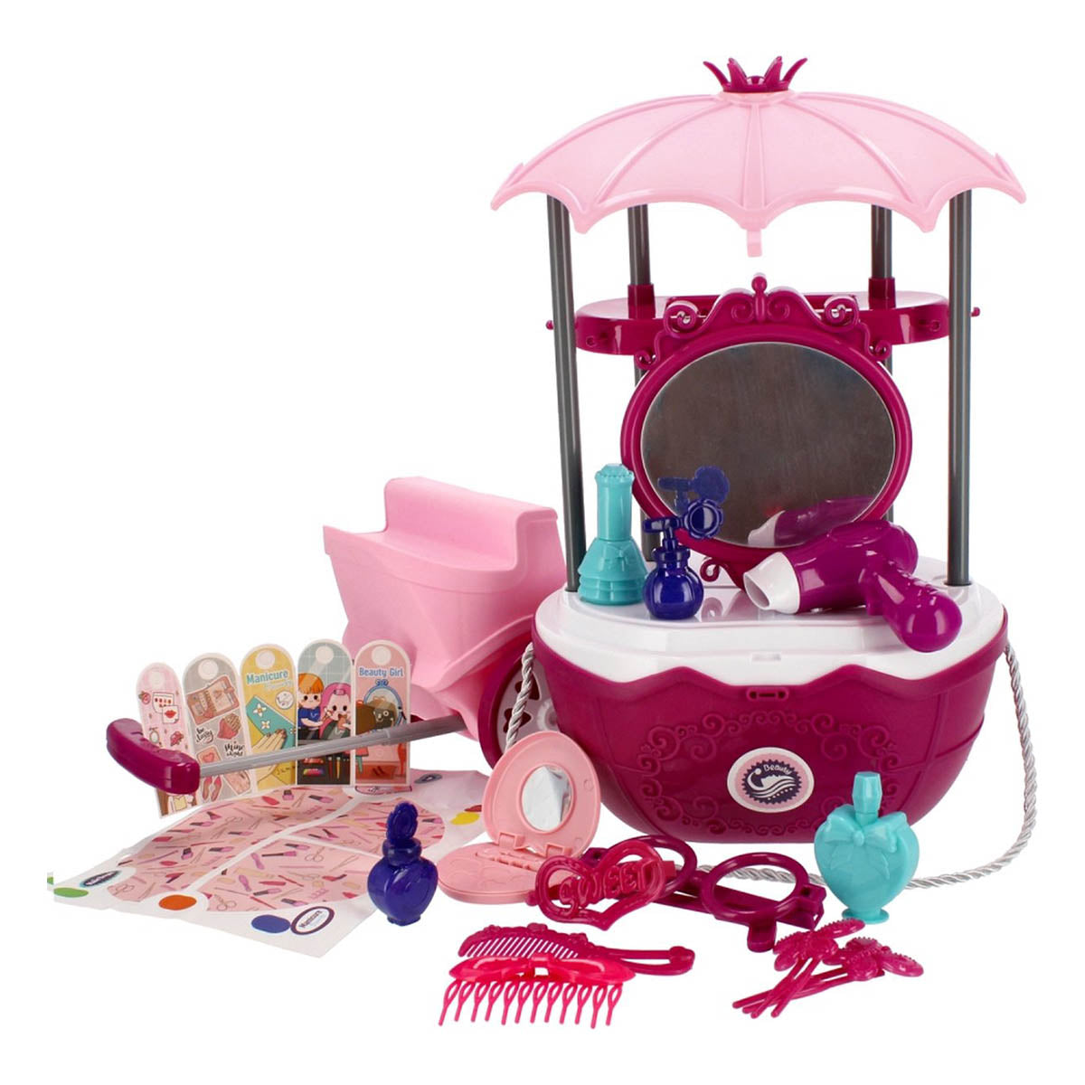 Ariko Speelgoed trolley Schoonheid salon 31 delig - Fohn, spiegel, make-up, parfum en nog veel meer - handige meeneem koffer met wieltjes