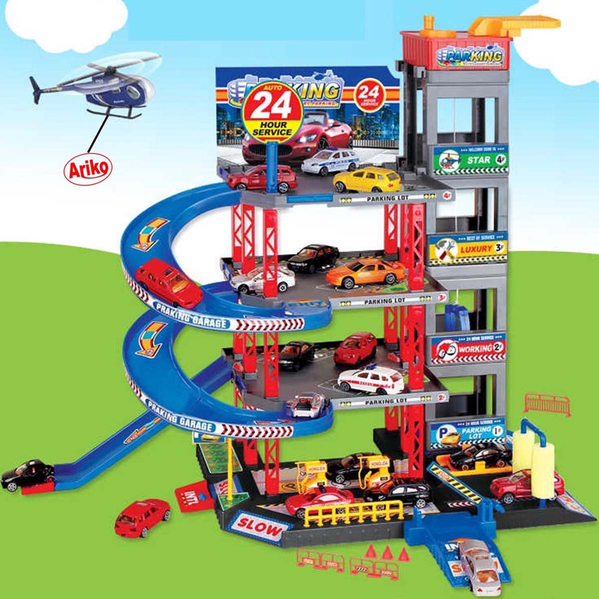 Ariko XXL Parkeergarage - Garage speelset - 4 auto's - helicopter - lift - wasstraat - helicopter platform - accessoires