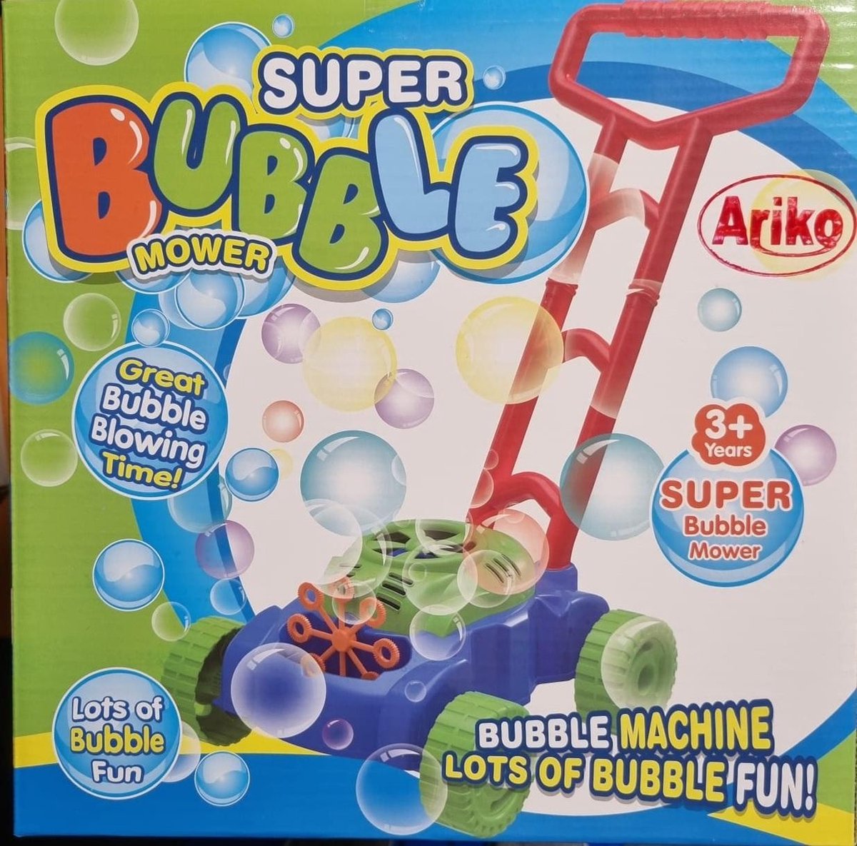 Ariko tondeuse à gazon avec souffleur à bulles | avec une bouteille de savon | Machine à bulles | Comprend 3 piles Philips AA