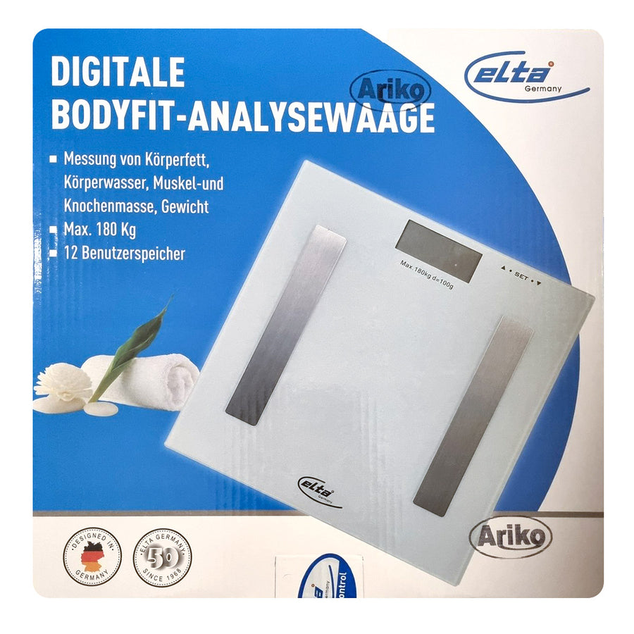 Ariko Elta Digitale Body - Fit Weegschaal - Personenweegschaal - Analyseweegschaal - Wit - Grijs - Afmetingen 28 x 28 x 2.5 Cm - Maximaal 180 KG - Inclusief 2 x AAA batterijen