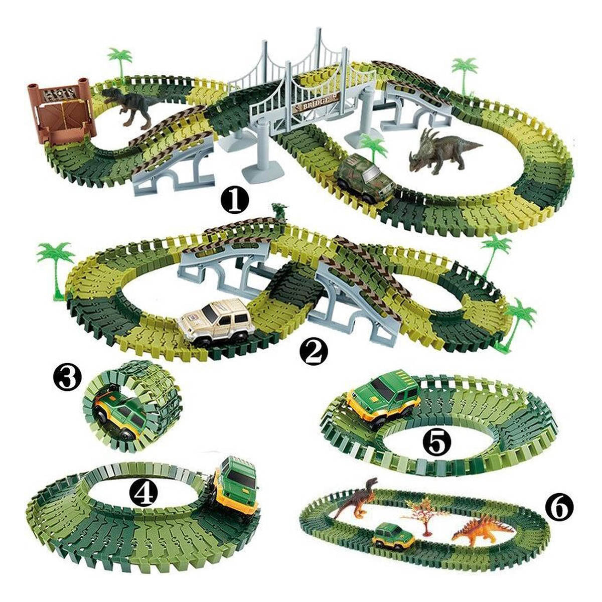Ariko Circuit automobile avec des dinosaures | jungle de piste de course | avec des dinosaures | piste de dinosaure | piste de course flexible | 6 pistes de course différentes | avec véhicule militaire | y compris les piles
