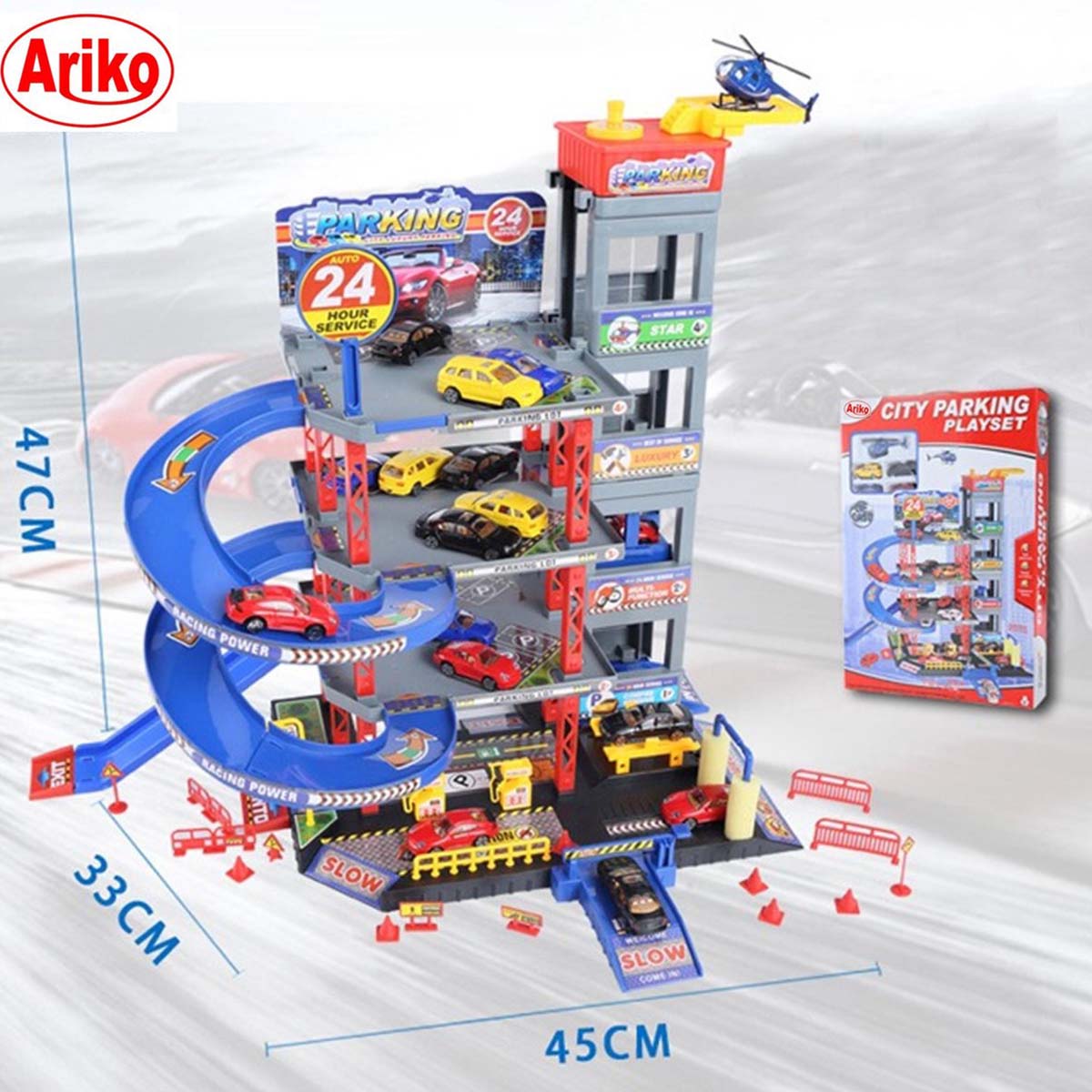 Ariko XXL-Parkhaus - Garagen-Spielset - 4 Autos - Hubschrauber - Aufzug - Autowaschanlage - Hubschrauberplattform - Zubehör