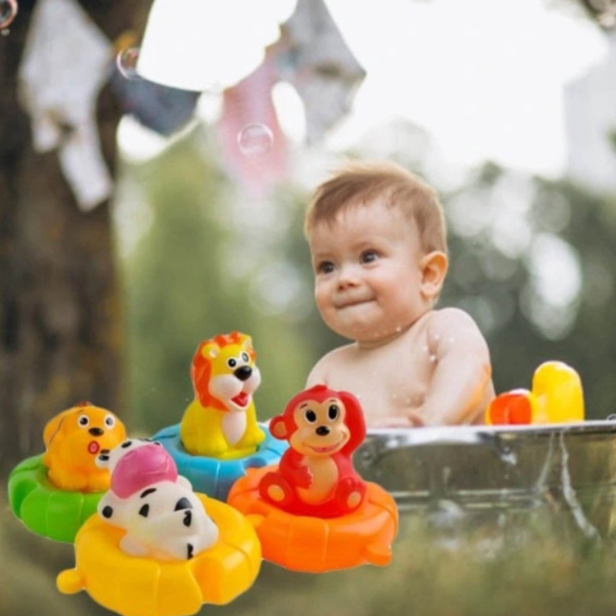 Ariko Jouets de bain, animaux en liberté dans une bouée de sauvetage - Canard en caoutchouc - lion - vache - singe - chien