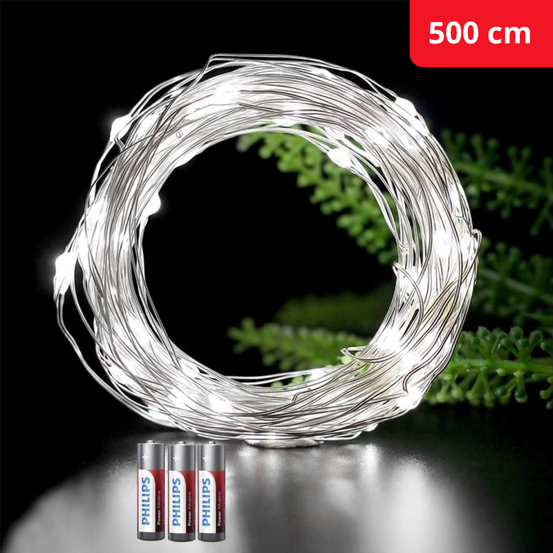 Ariko 50 led 5 meter Wit kleuren kerstverlichting op batterijen , inclusief 3 stuks Philips batterijen