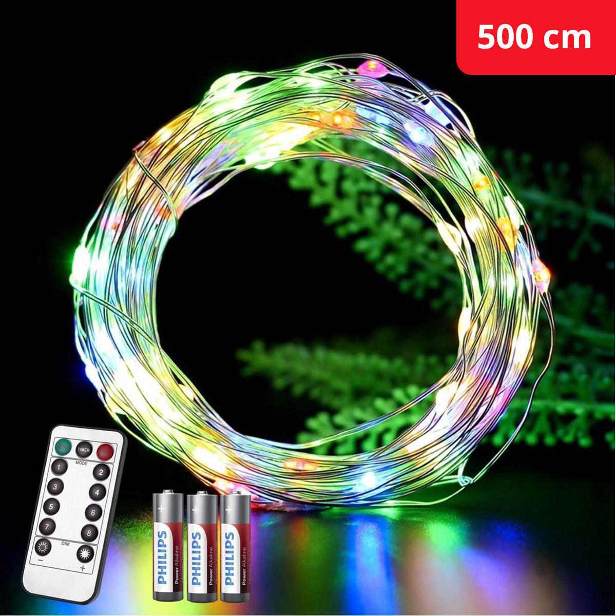<tc>Ariko</tc> 50 LED 5 meter RGB color Christmas lights on batteries and remote control, including 3 Philips batteries
