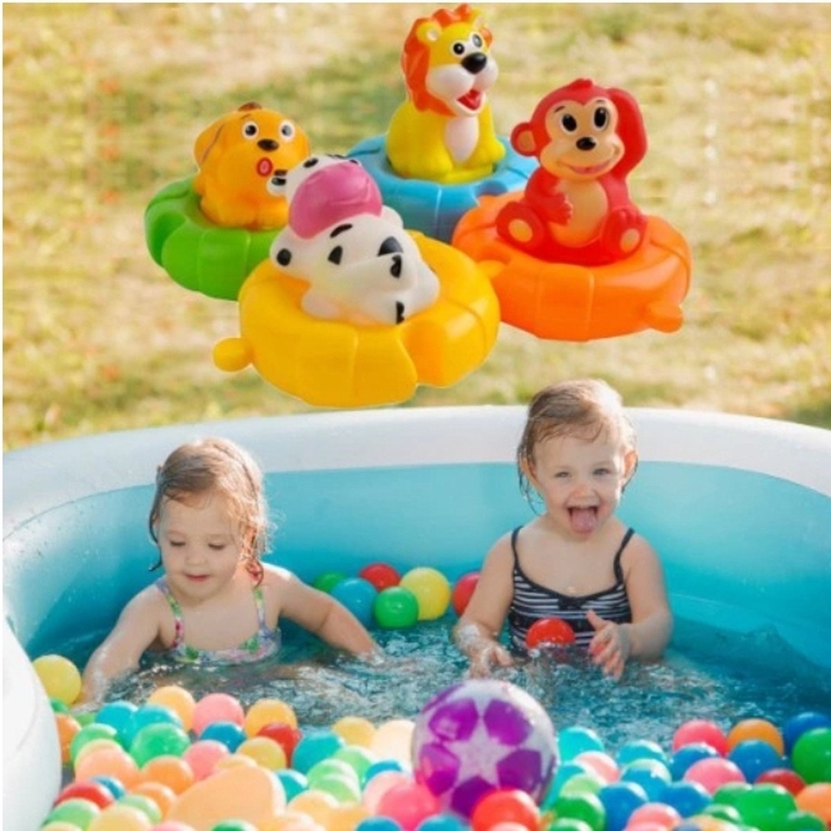 Ariko Jouets de bain, animaux en liberté dans une bouée de sauvetage - Canard en caoutchouc - lion - vache - singe - chien