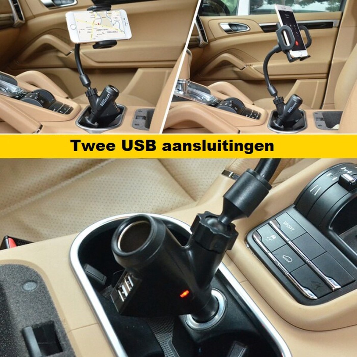 Ariko Smartphone-Halterung mit Auto-USB-Ladegerät - Universelle Autotelefonhalterung mit 2 USB-Anschlüssen - für 12- und 24-Volt-Anschluss am Zigarettenanzünder