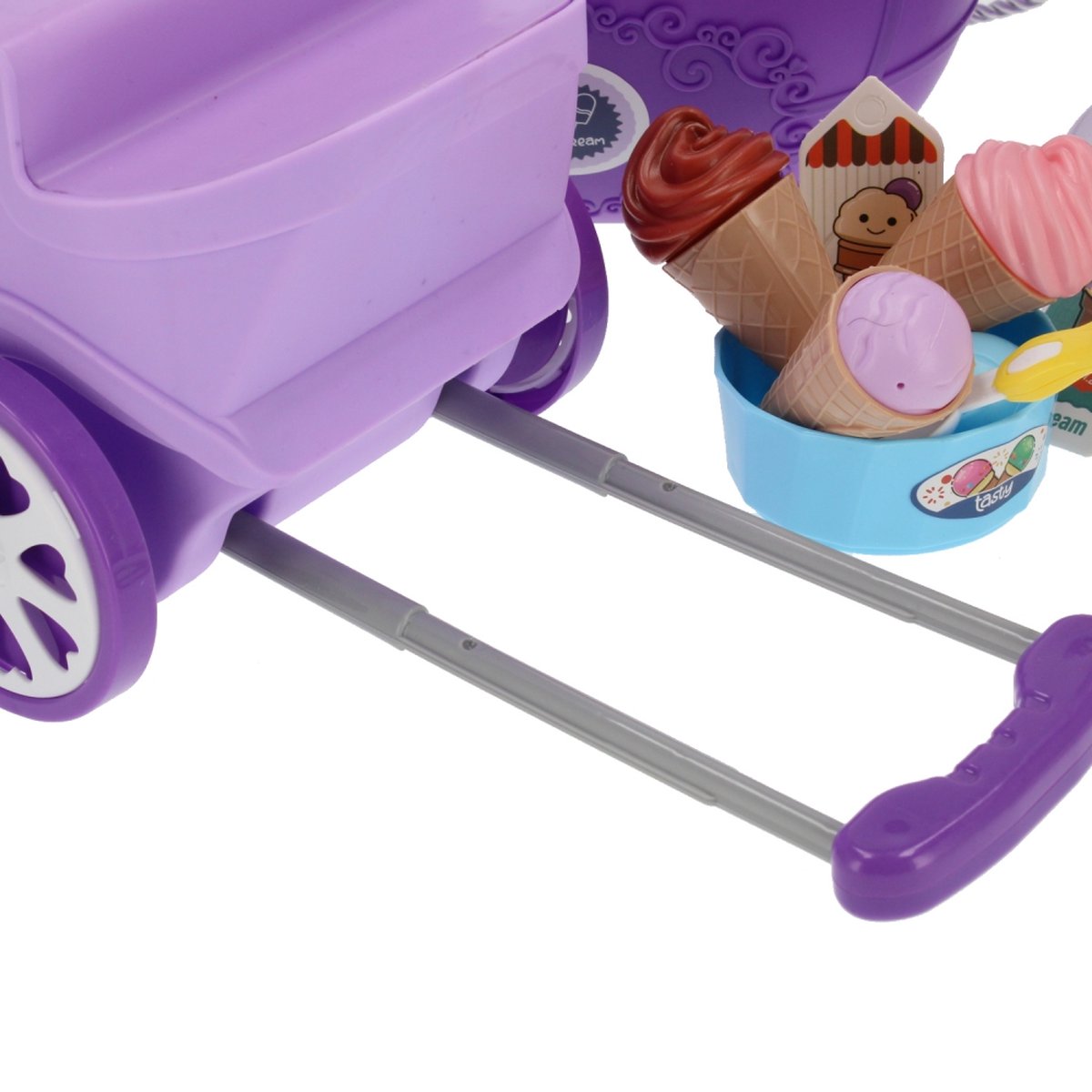 Ariko Chariot à jouets Chariot de glacier 69 pièces - Glace molle, glace italienne, vaisselle, cornet et bien plus encore - Valise à emporter pratique à roulettes