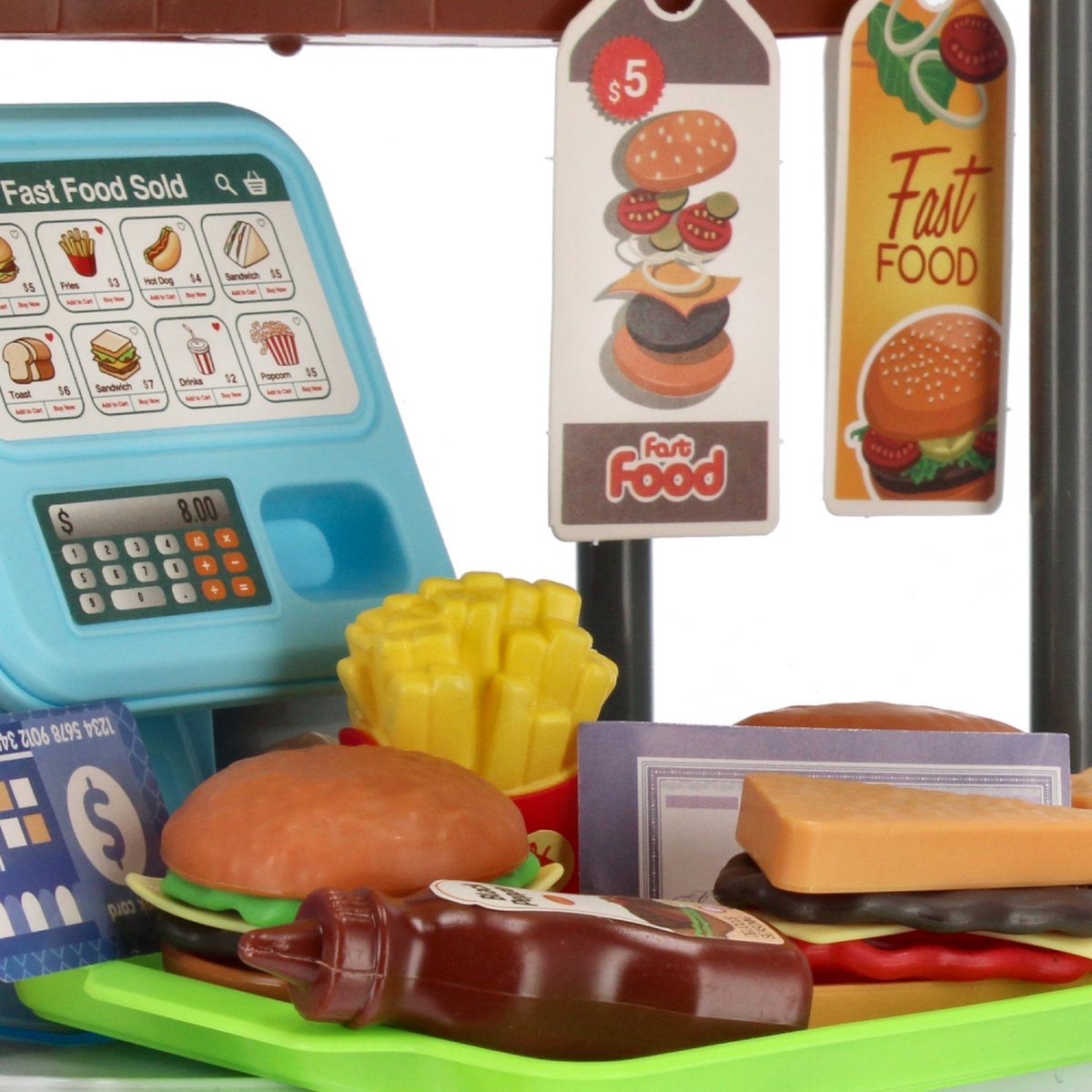 <tc>Ariko</tc>  Toy Suitcase Fast-food shop 58 pieces - hamburgers, popcorn, sauces, tongs and much more - handy take-along suitcase
