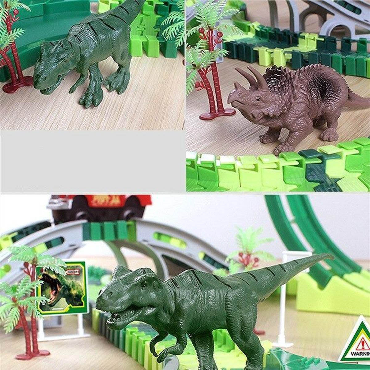 Ariko Circuit automobile avec des dinosaures | jungle de piste de course | avec des dinosaures | piste de dinosaure | piste de course flexible | 6 pistes de course différentes | avec véhicule militaire | y compris les piles