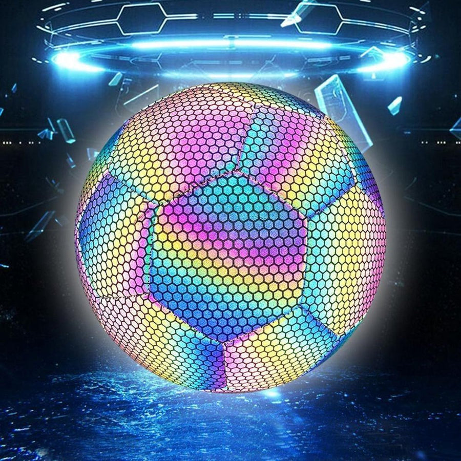 Ariko Fußball aus leuchtendem Leder | Reflektierende | Holografisch | Im Dunkeln leuchten | Unisex | Größe 5 | Mit Pumpe, Nadel und praktischer Aufbewahrungstasche