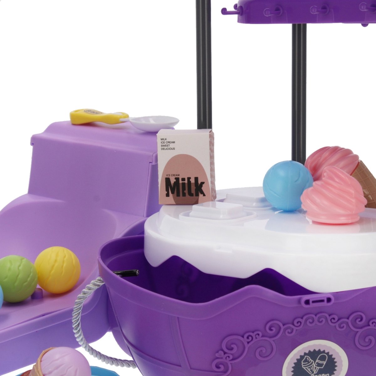Ariko Spielzeugwagen Eisdielenwagen Shop 69 Teile - Softeis, italienisches Eis, Geschirr, Waffeln und vieles mehr - praktischer Koffer zum Mitnehmen mit Rollen