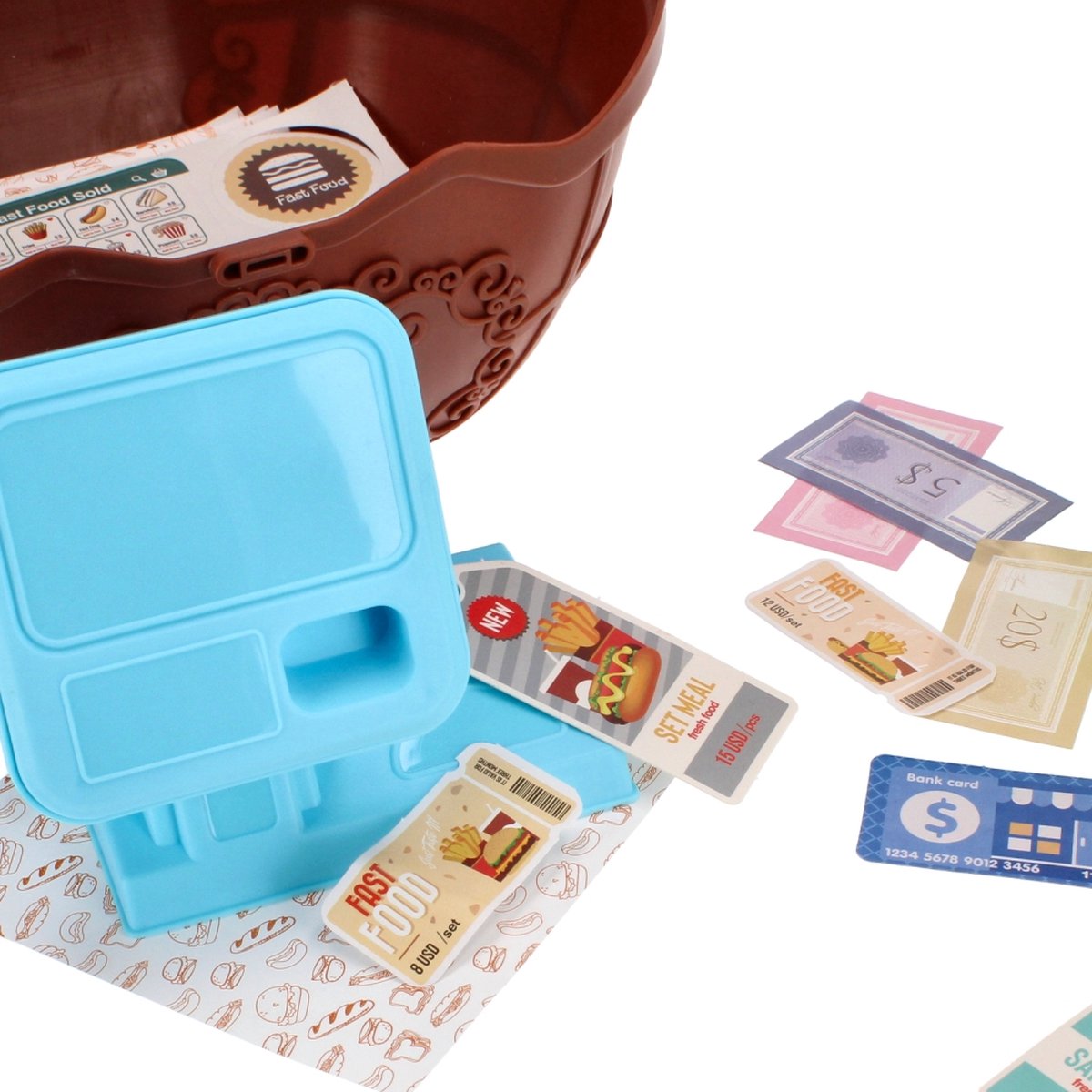 <tc>Ariko</tc>  Toy Suitcase Fast-food shop 58 pieces - hamburgers, popcorn, sauces, tongs and much more - handy take-along suitcase