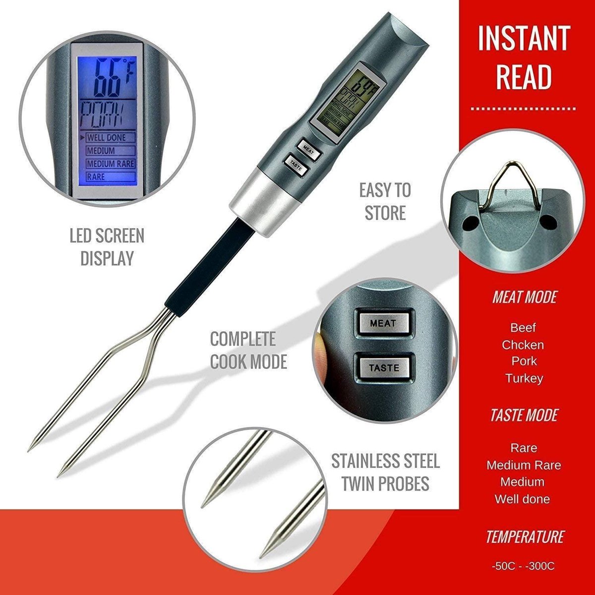 Vleesthermometer | BBQ vleesvork | -50 tot +300 Graden | RVS | 3-5 Seconden | LED scherm met backlight | Temperatuur alarm | Inclusief batterijen | Voor Barbecue en Grill - Ariko