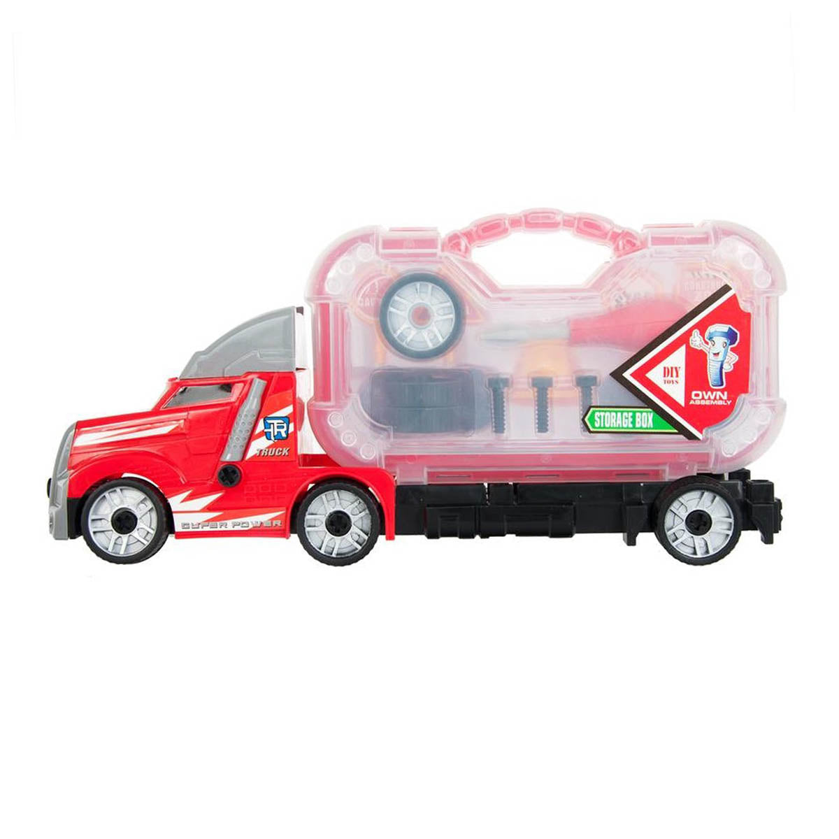 Ariko Vrachtwagen met gereedschapskoffer - met licht en geluid - zelf aan je truck sleutelen - met verkeersborden, pionnen, reservewiel en gereedschap - inclusief batterijen