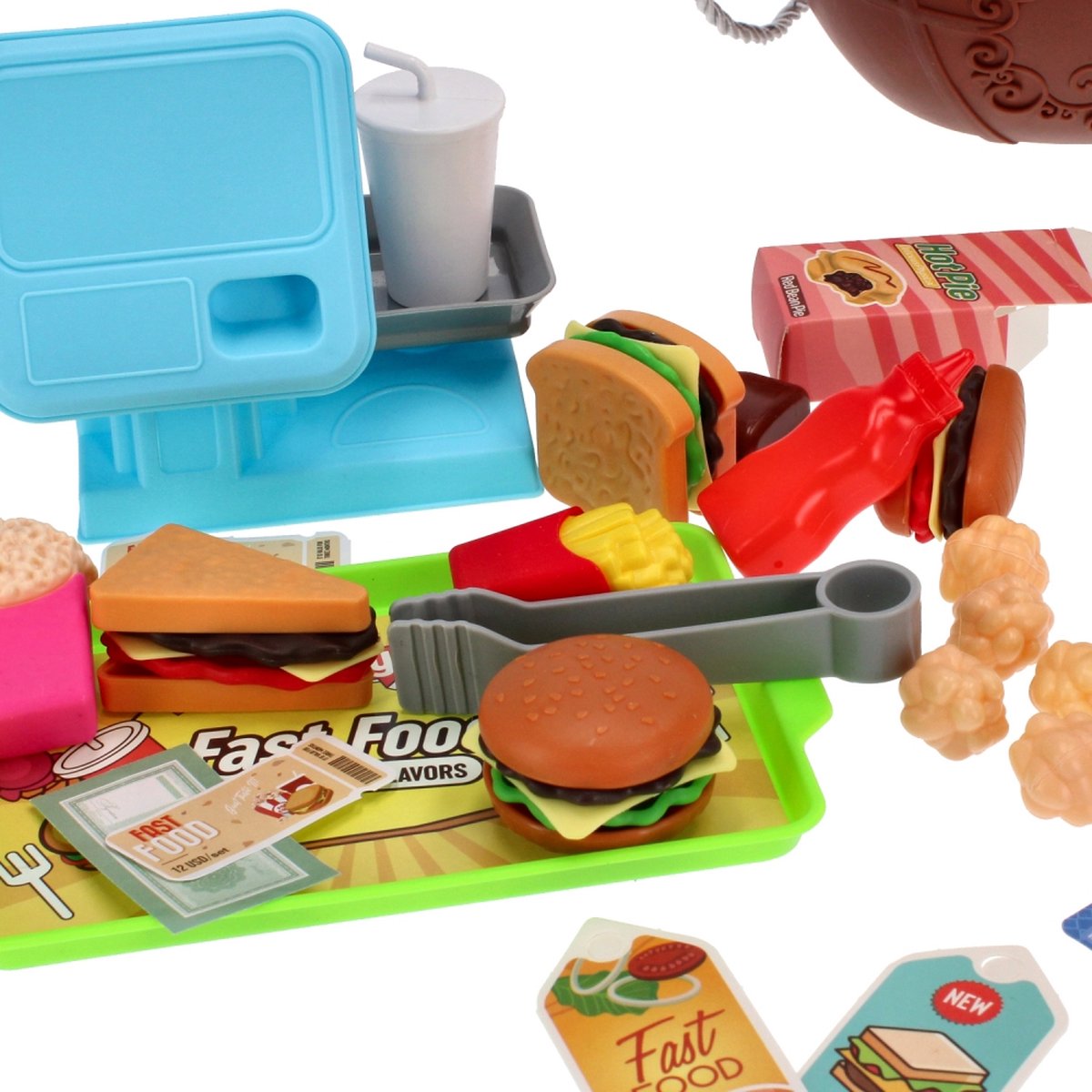 <tc>Ariko</tc>  Toy Suitcase Fast-food shop 58 pieces - hamburgers, popcorn, sauces, tongs and much more - handy take-along suitcase