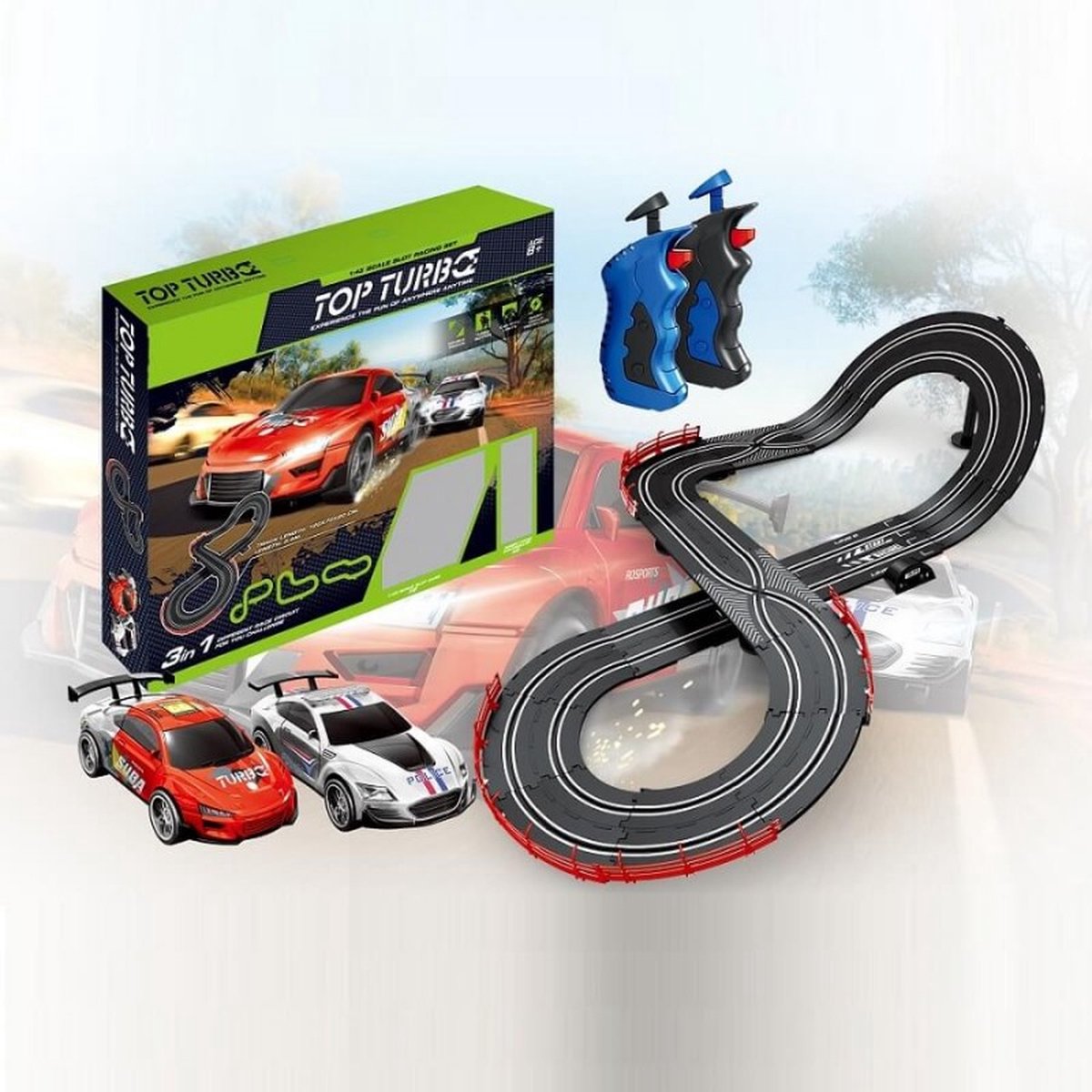Ariko XL Racebaan - Dubbele Track - 3 banen - met adapter - 64 delig - 1:43 - Raceauto met verlichting - met turboknop op afstandsbediening