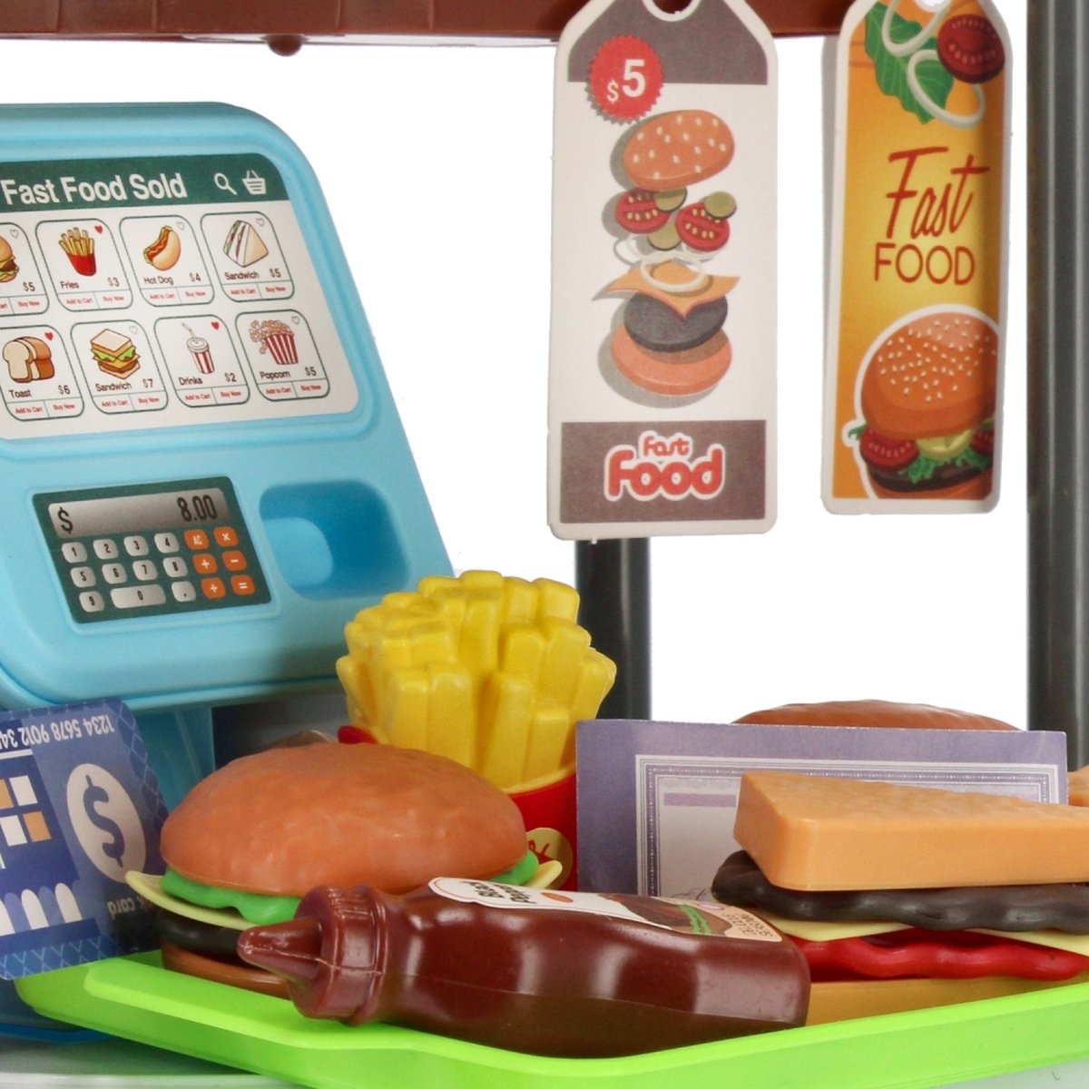 Ariko Speelgoed trolley Fast-food winkel 59 delig - hamburgers, popcorn, sauzen, tang en nog veel meer - handige meeneem koffer met wieltjes