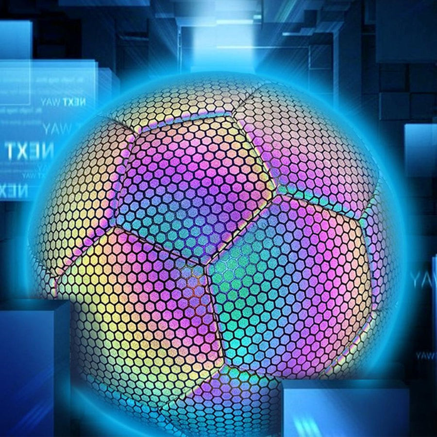 Ariko Fußball aus leuchtendem Leder | Reflektierende | Holografisch | Im Dunkeln leuchten | Unisex | Größe 5 | Mit Pumpe, Nadel und praktischer Aufbewahrungstasche