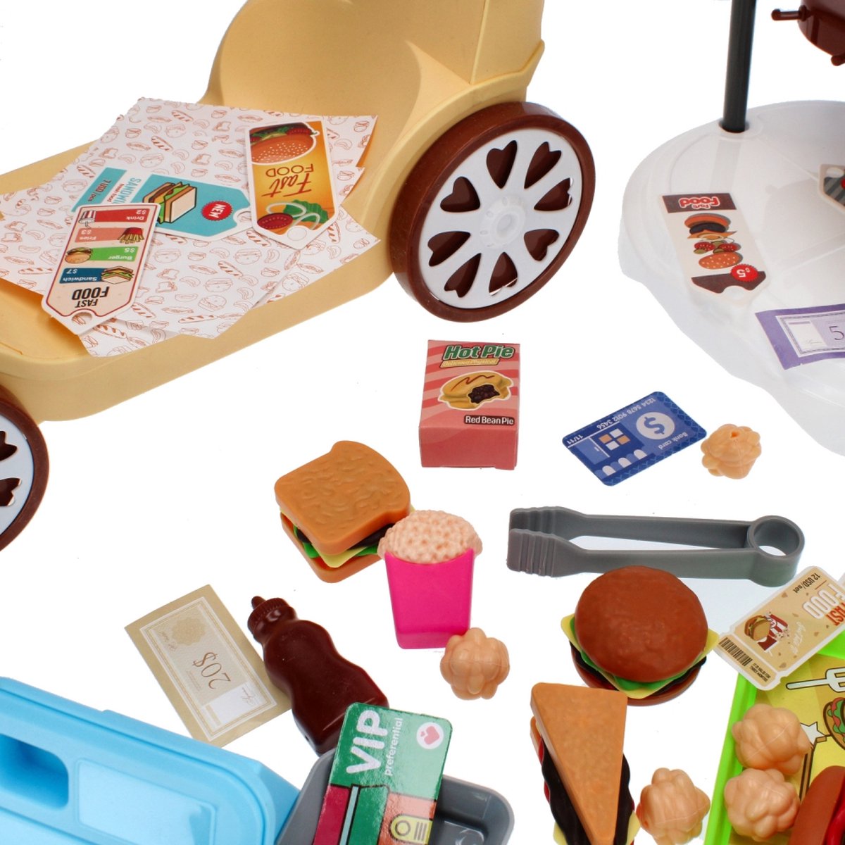 Ariko Speelgoed trolley Fast-food winkel 59 delig - hamburgers, popcorn, sauzen, tang en nog veel meer - handige meeneem koffer met wieltjes