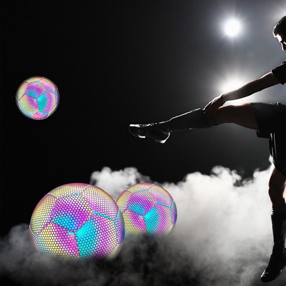 Ariko Fußball aus leuchtendem Leder | Reflektierende | Holografisch | Im Dunkeln leuchten | Unisex | Größe 5 | Mit Pumpe, Nadel und praktischer Aufbewahrungstasche