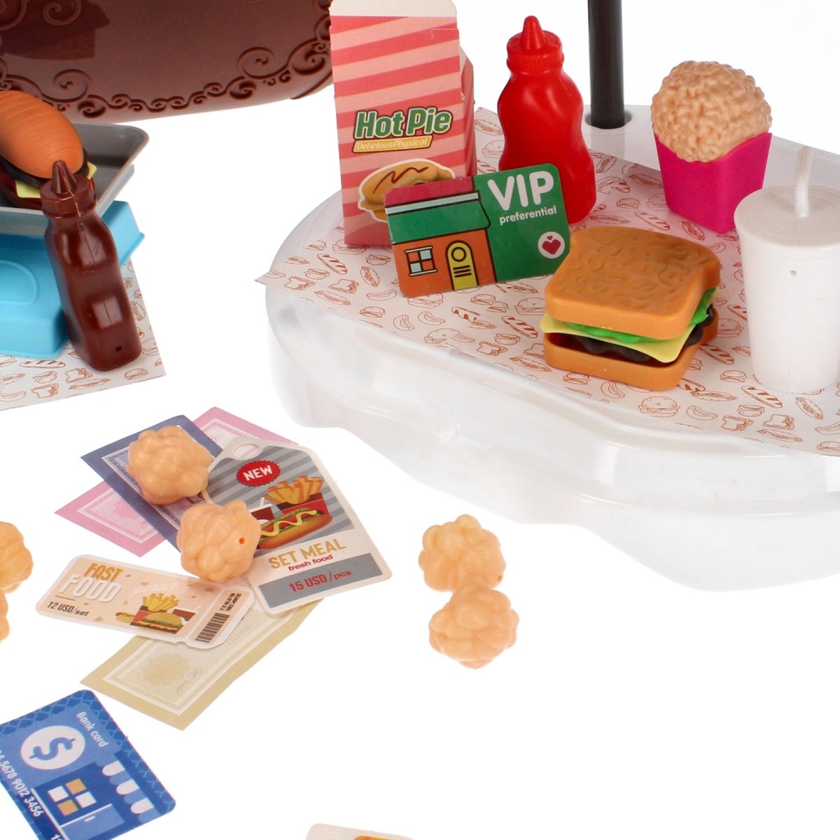 <tc>Ariko</tc>  Spielzeugkoffer Fast-Food-Laden 58 Teile - Hamburger, Popcorn, Saucen, Zangen und vieles mehr - praktischer Koffer zum Mitnehmen