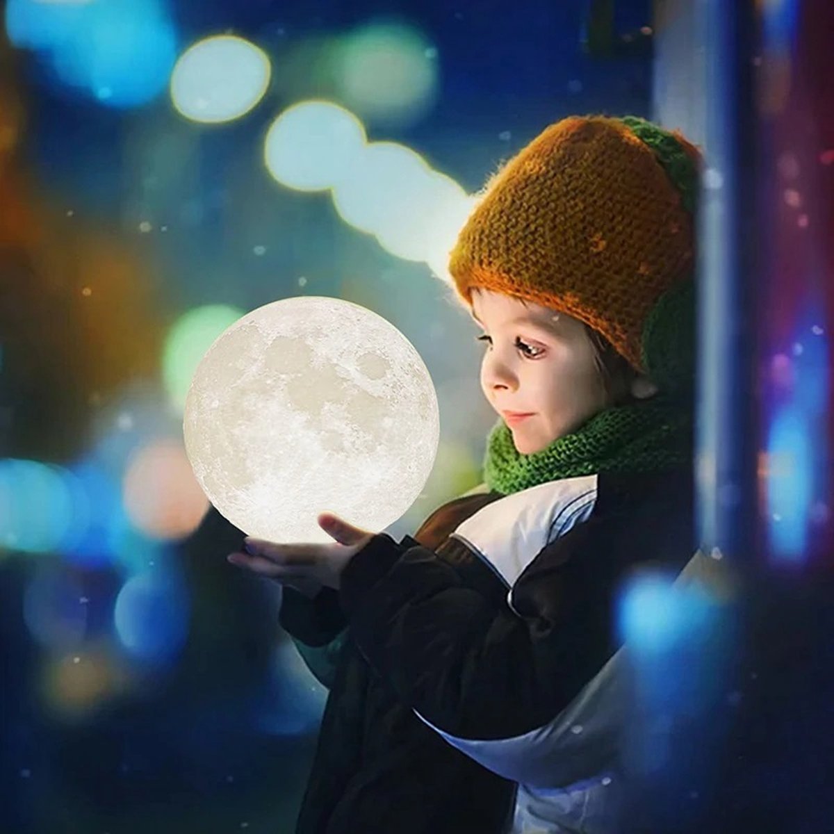 Ariko Nachtlampe 3D Mond - Sternenlicht - 15 cm - Tischlampe - Batterie 15 bis 89 Stunden - 16 dimmbare LED-Farben und Fernbedienung