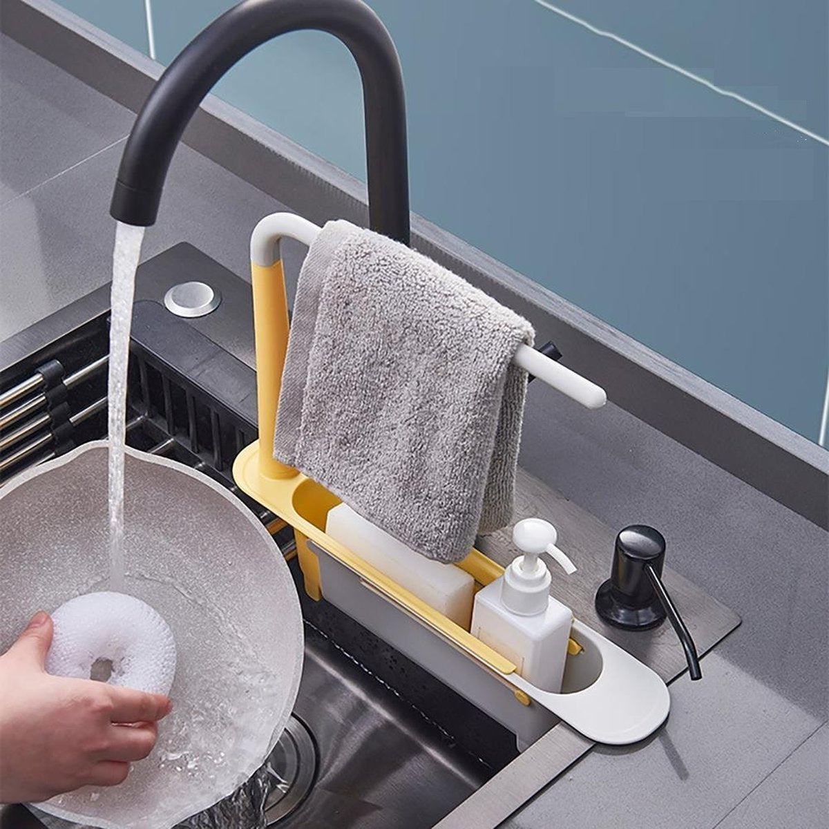 <tc>Ariko</tc> Sink Organizer - Countertop Sink Tray - Dishcloth Holder - Sponge Storage Rack - Adjustable - Yellow/White
