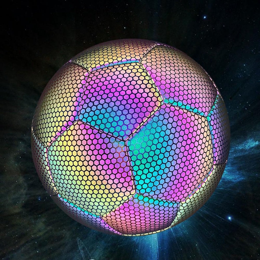 Ariko Fußball aus leuchtendem Leder | Reflektierende | Holografisch | Im Dunkeln leuchten | Unisex | Größe 5 | Mit Pumpe, Nadel und praktischer Aufbewahrungstasche