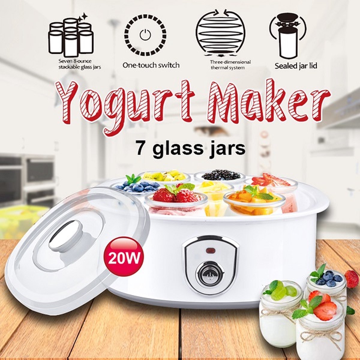 Ariko Elta Yoghurt Maker - inclusief 7 Glazen Bekers ( 180ml ) met Deksels - Temperatuur 42-50 graden - Makkelijk te reinigen