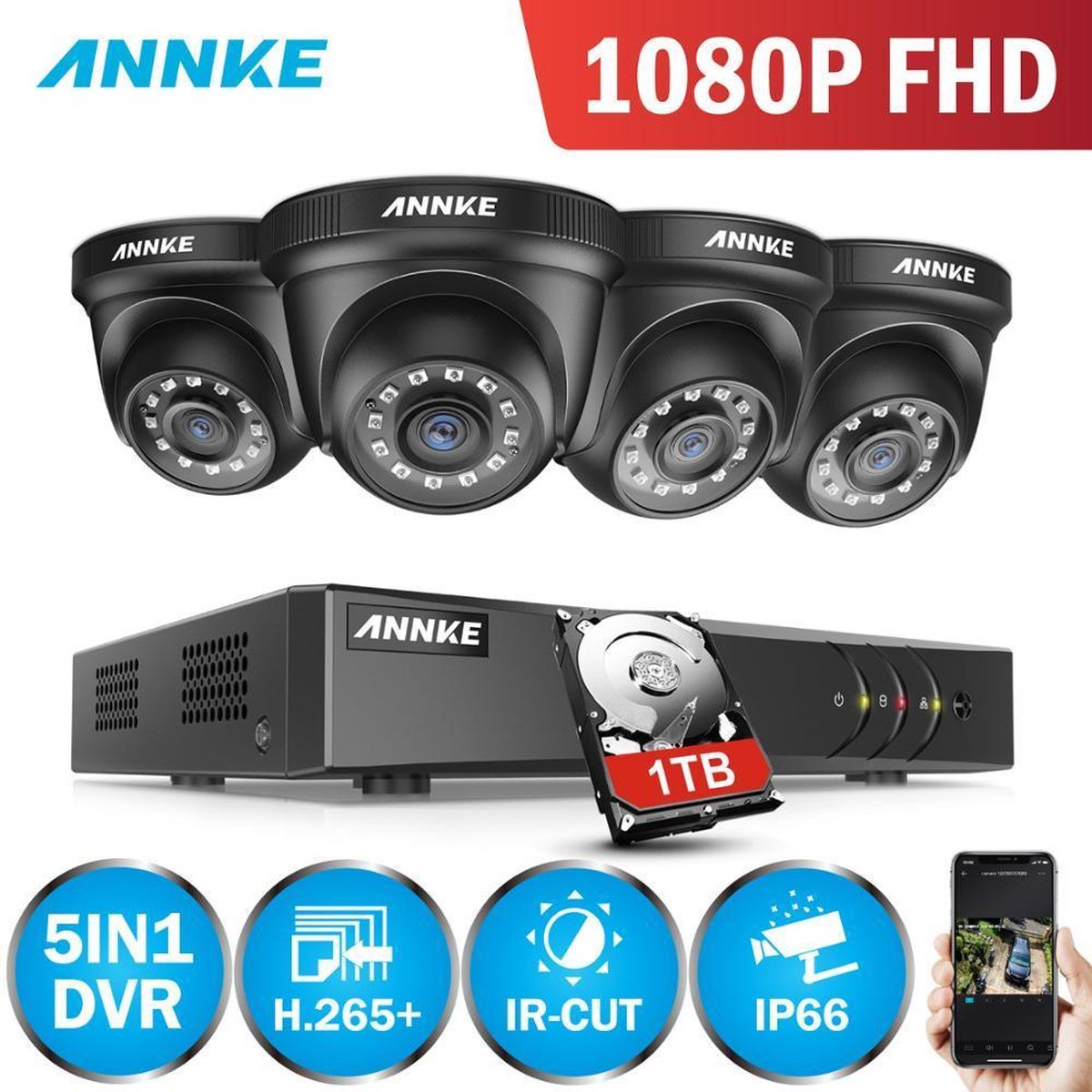 FullHD 1080P Beveiligingscamera set met 4x 2MP Dome Camera's Zwart Indoor/Outdoor - Ariko