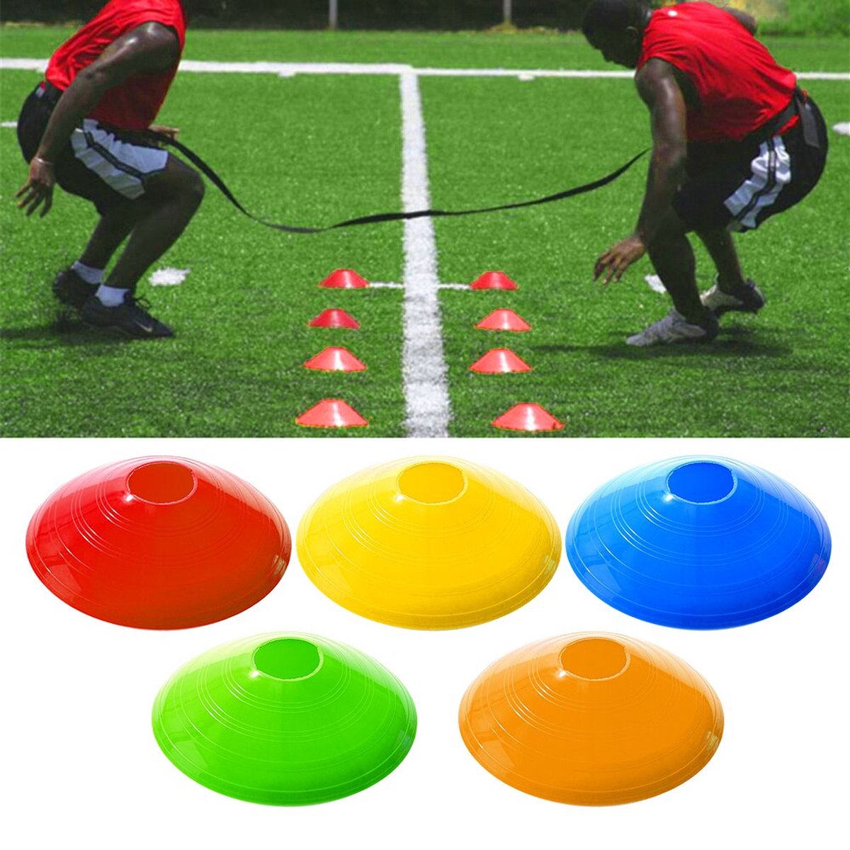 Ariko Professionele Pionnenset met houder 20/24cm / 50 stuks - Trainingset - Voetbal hoedjes - Markeerschijven - Diverse Kleuren - Agility discs