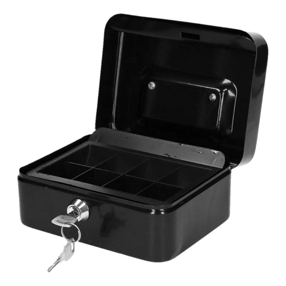 Cash box with lock - Box with handle - 20 x 15 x 7 cm - Black - With insert drawer - Metal - Safe