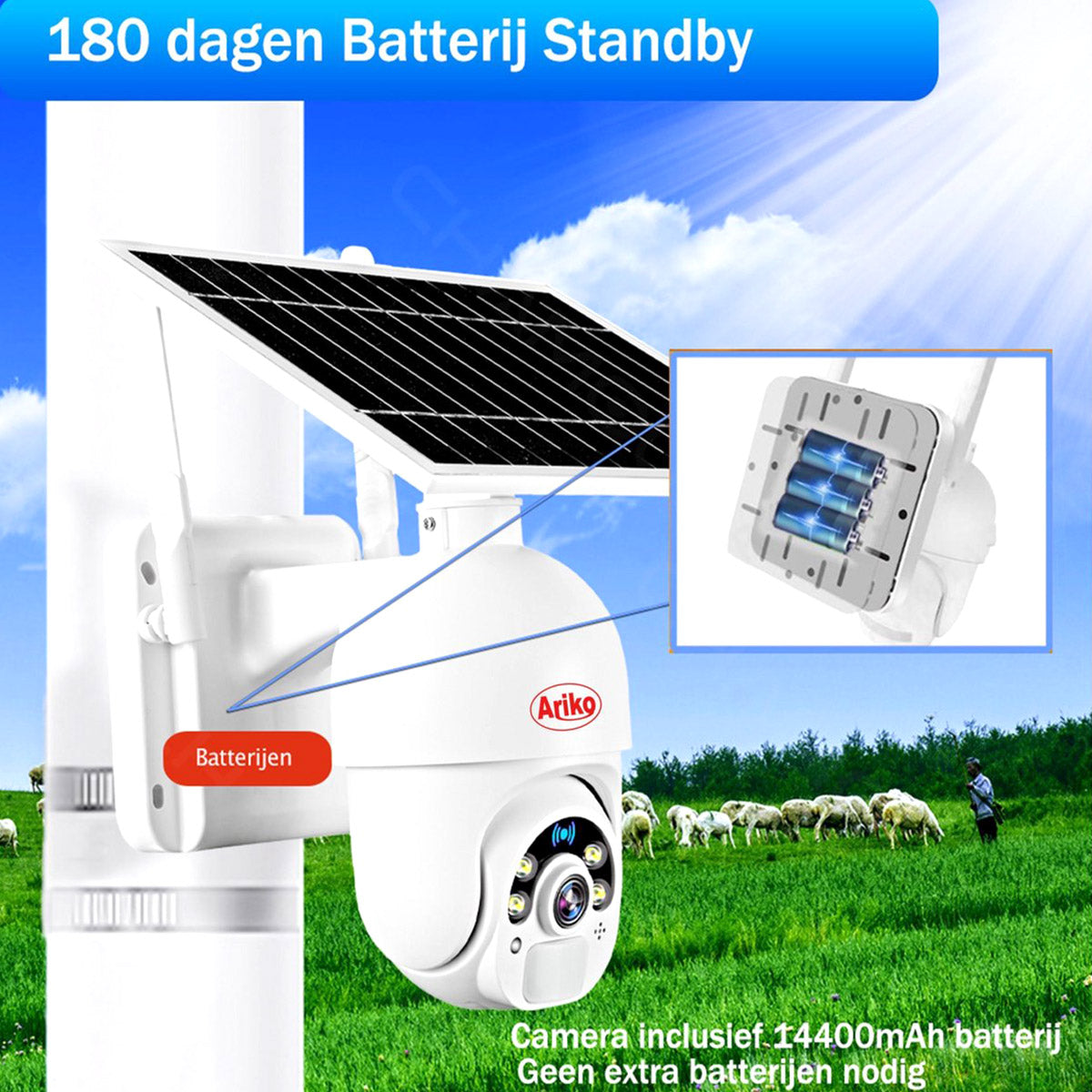 Ariko Bewegliche PTZ-Kamera 2 MP mit Solarpanel und 4G - mit Audio - Personentracker - Niederländisches Handbuch und Support