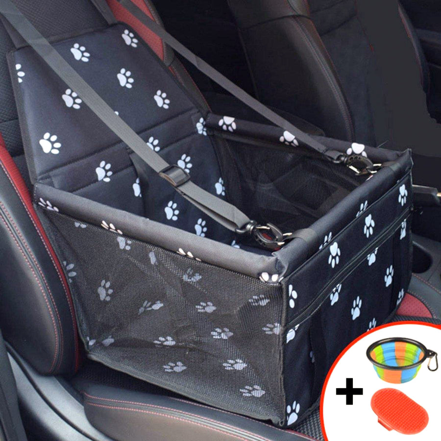 Ariko Autostoel Hond / Kat / Puppy - Opvouwbaar Waterbestendig Honden / Kat zitje - Dieren zitje voor in de auto - Hondenmand - 40 x 40 x 25 cm - Incl Opvouwbaar voerbakje en borstel - Veiligheidsband - Schone auto