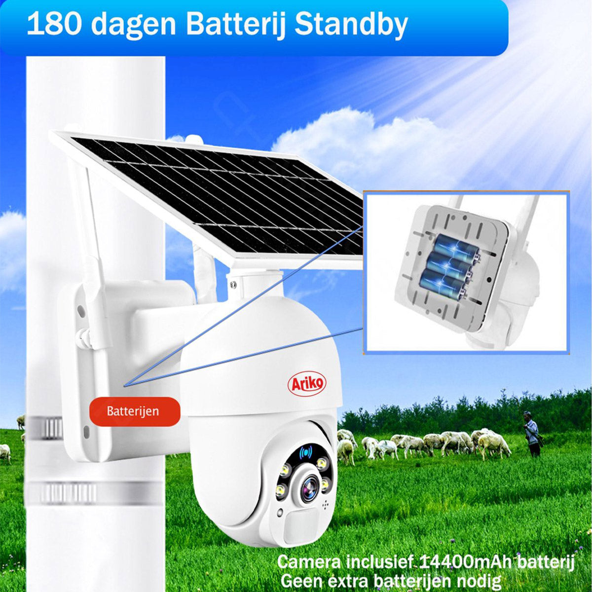 <tc>Ariko</tc> Bewegliche PTZ-Kamera 2 MP mit Solarpanel und WLAN - mit Audio - Person Follower - Niederländisches Handbuch und Support