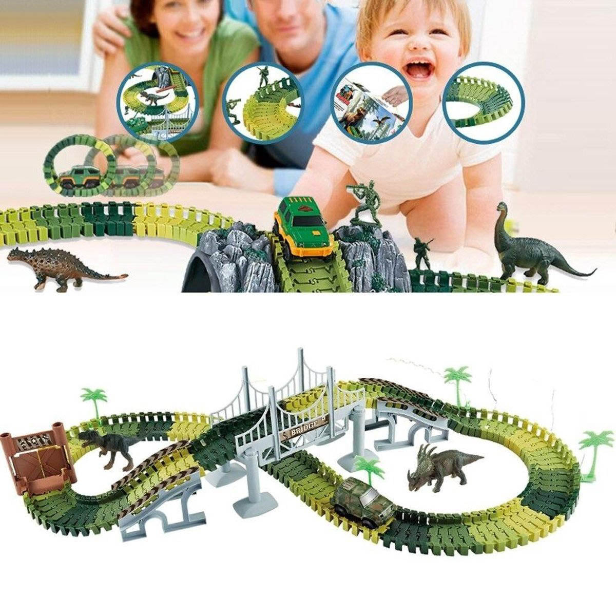 Ariko Circuit automobile avec des dinosaures | jungle de piste de course | avec des dinosaures | piste de dinosaure | piste de course flexible | 6 pistes de course différentes | avec véhicule militaire | y compris les piles