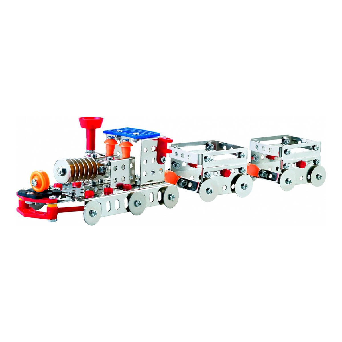 Ariko Bauset - Metal Train with Wagons - Bauspiel - Bauset Zug mit Wagon Stahl Silber 239-teilig - Inklusive Werkzeug - S.T.E.M. Spielzeug - Sprachspielzeug