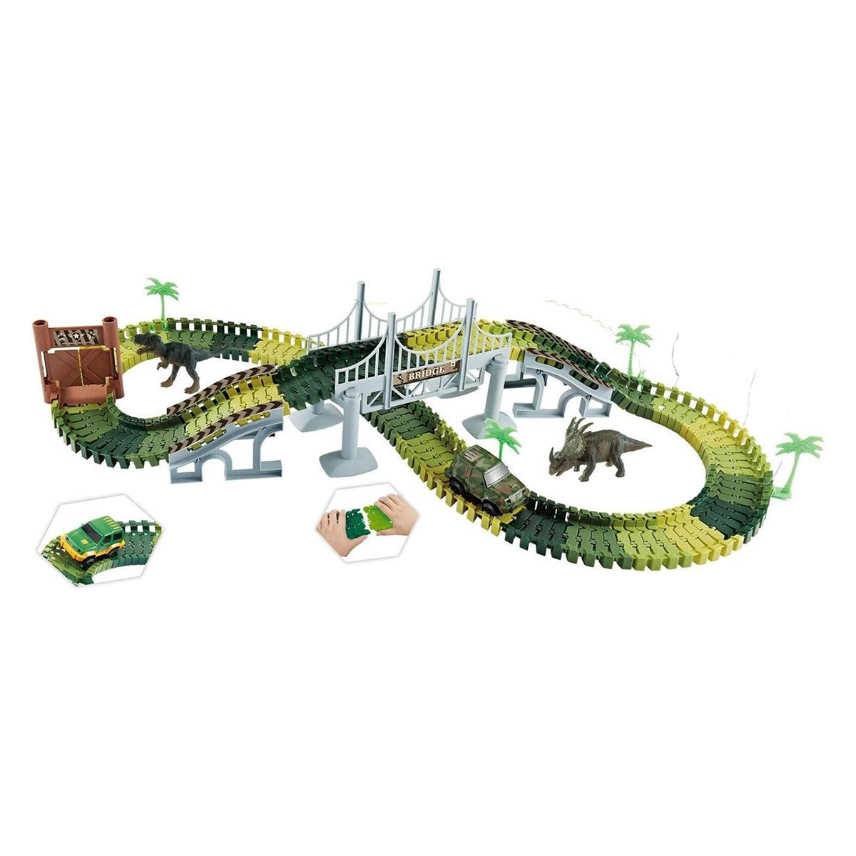 <tc>Ariko</tc> Autobahn with dinosaurs | race track jungle | with dinosaurs | dinosaur job | flexible race track | 6 different race tracks | with military vehicle | including batteries