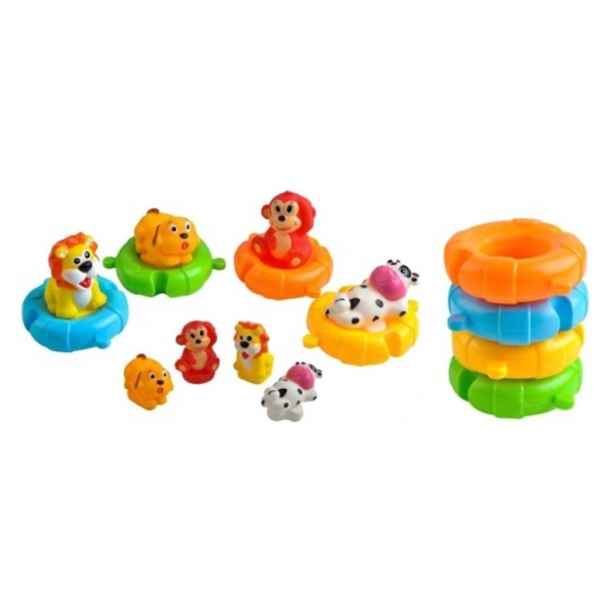 <tc>Ariko</tc> Bath toys, loose animals in life buoy - Rubber duck - lion - cow - monkey - dog
