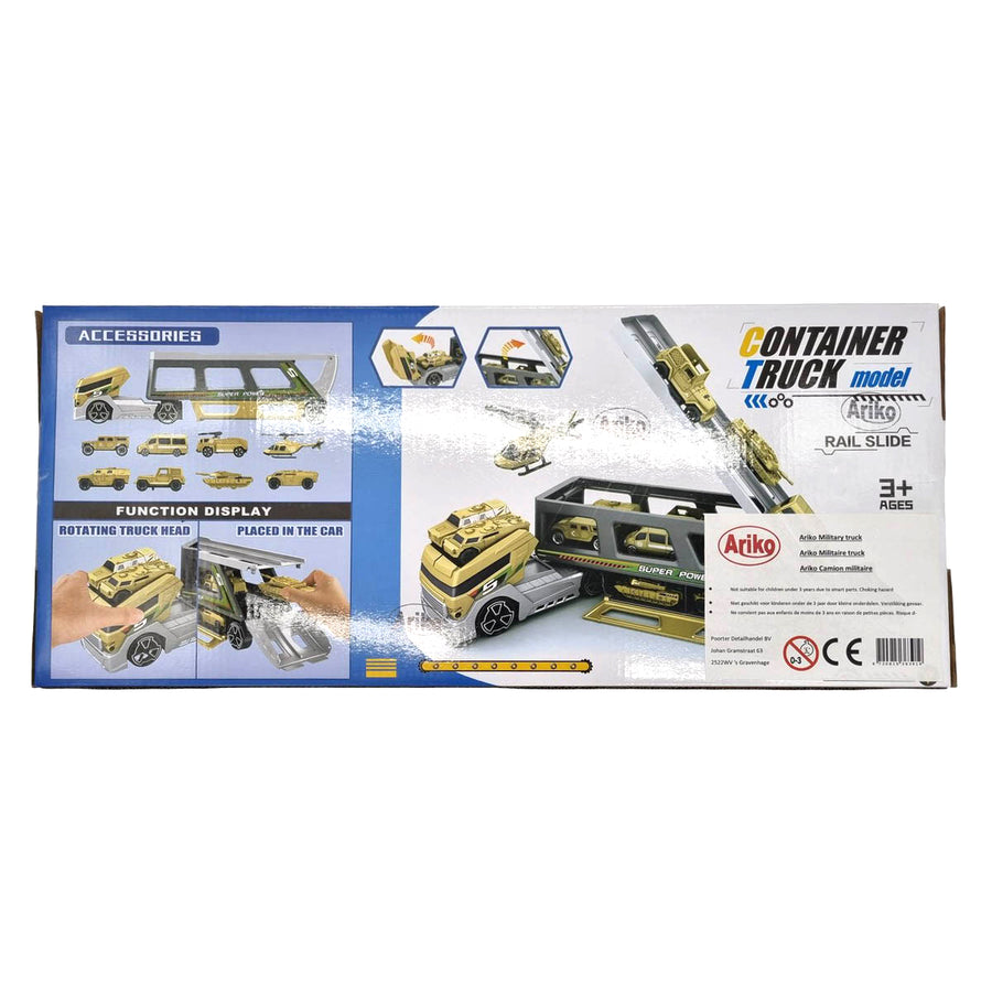 Ariko Militaire Auto Transport Truck - met 8 voertuigen en helikopters - beweegbare delen - opbergruimte voor 22 auto's