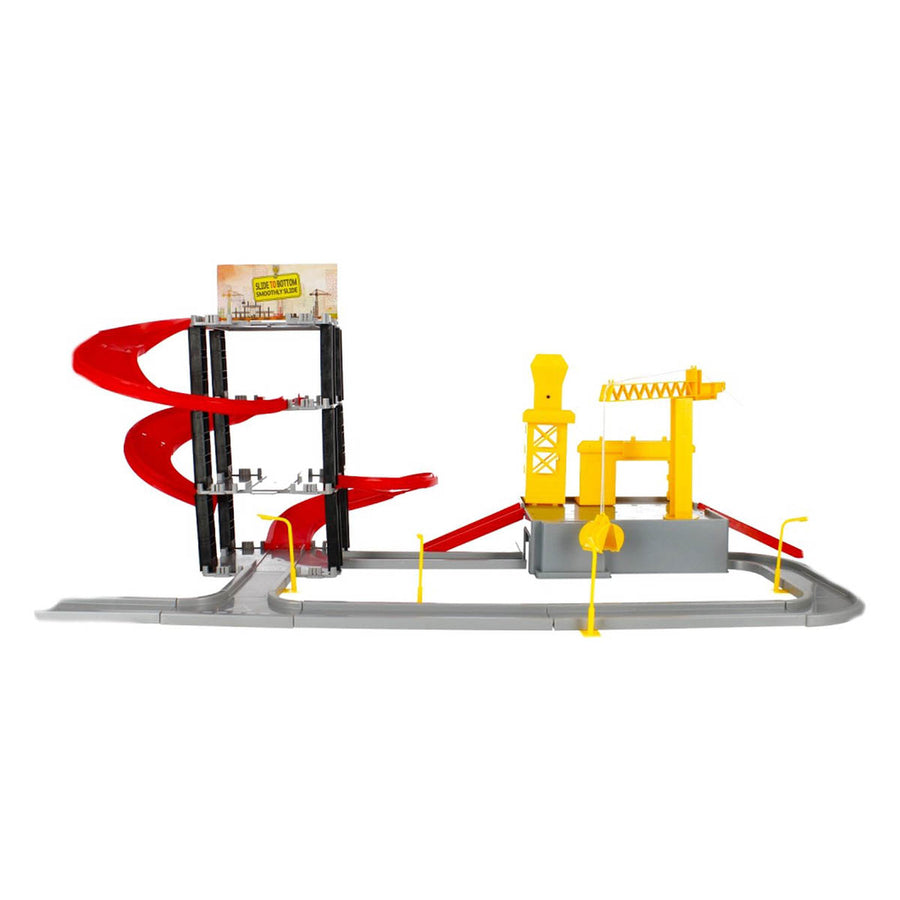 Ariko Parkeergarage met constructie gebouw - met werkende kraan, 5 auto's, 3 bulldozers, diverse verkeersattributen - met licht & geluid - inclusief 3 x Philips AA batterijen